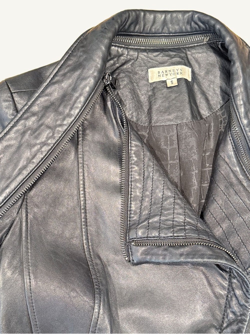 Barneys New York Leather Jacket Black Zip Off Collar Small - Picture 8 of 12